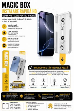 Magic Box Geam Protecție iPhone HD – Instalare Rapidă Fără Bule și Fără Praf | Kit Montaj Automat