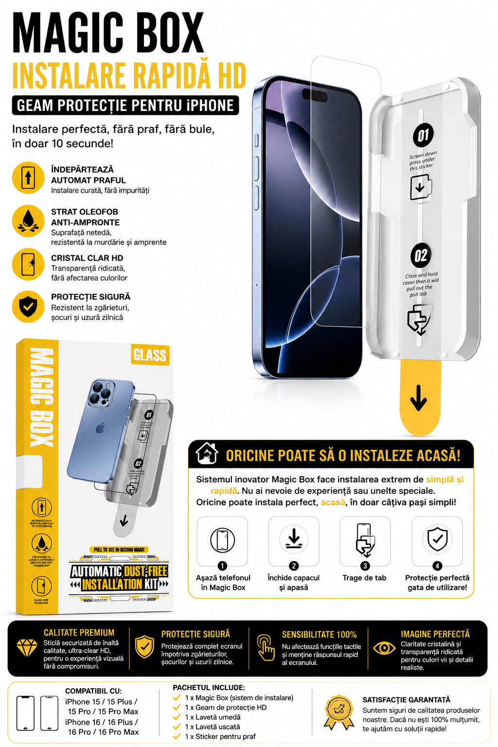 Magic Box Geam Protecție iPhone HD – Instalare Rapidă Fără Bule și Fără Praf | Kit Montaj Automat