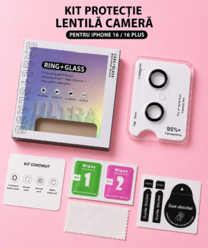 Kit Protecție Lentilă Cameră iPhone 16 / 16 Plus, Ring + Glass