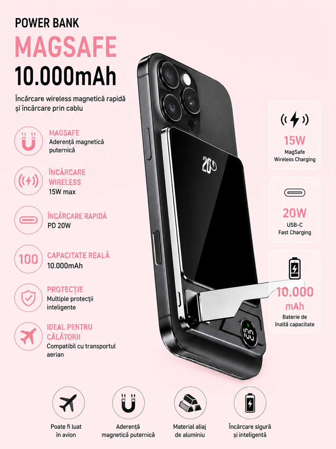 Power Bank MagSafe 10.000mAh Wireless Fast Charging – Încărcare Magnetică Rapidă PD 20W
